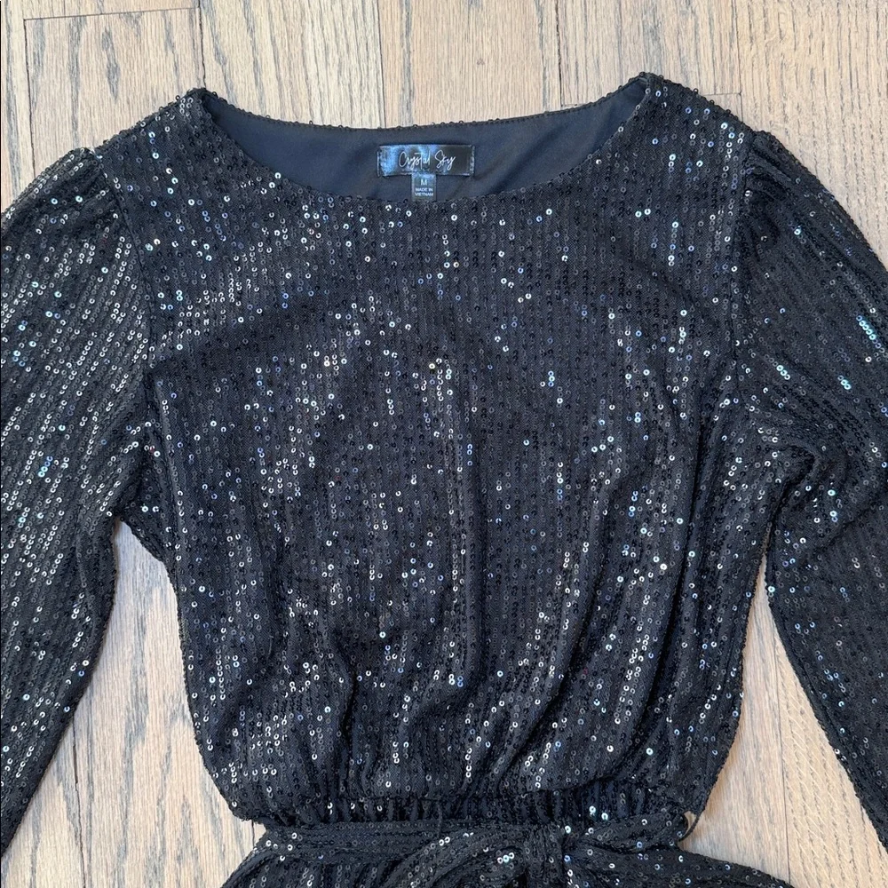 Crystal Sky Women’s Sequin Black Long Sleeve Dress with Belt Size Medium - Picture 3 of 12